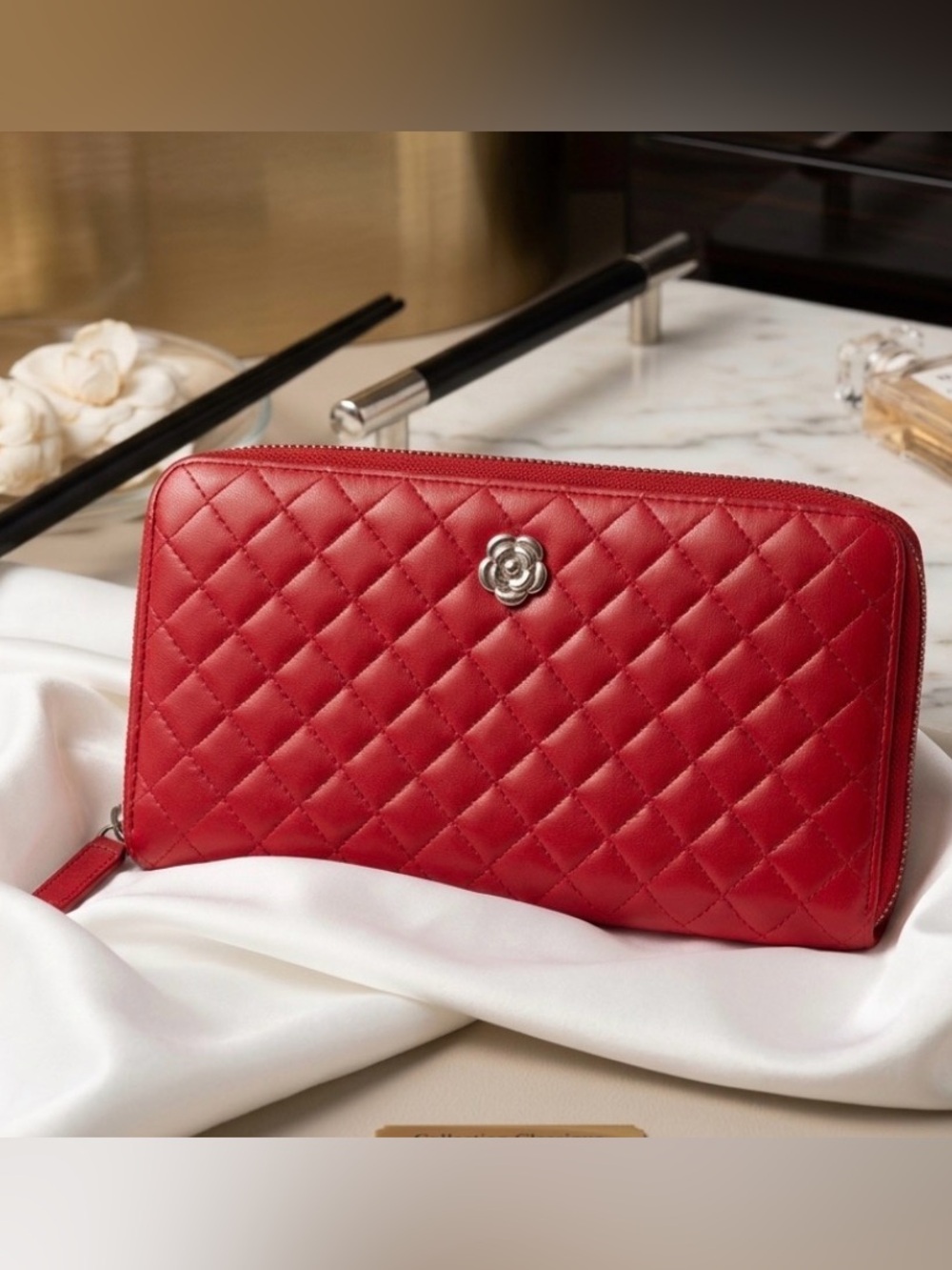 Chanel Camellia Quilted Matelasse Lambskin Zip Around Long Wallet